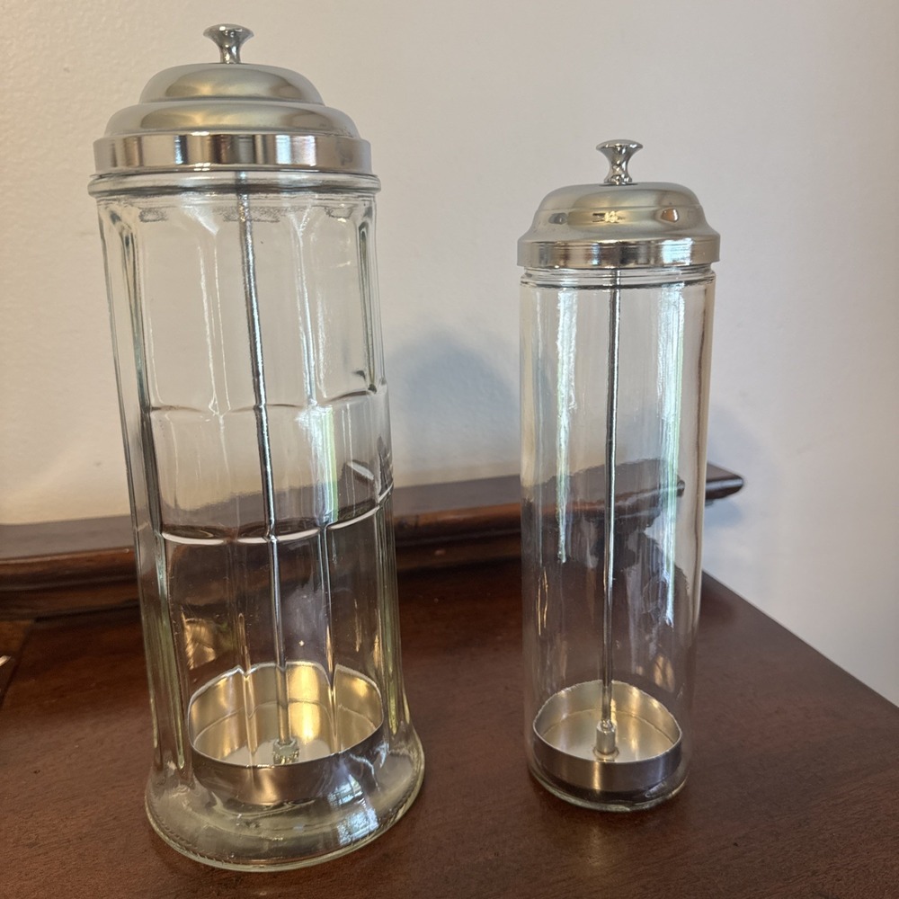 2 Pc. - 11" & 9.5" Glass Straw Holder Metal & Glass Barber Crafts Organize